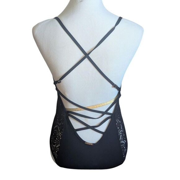 Laundry by Shelli Segal Black Crochet Lace Up Back One Piece - Picture 4 of 4